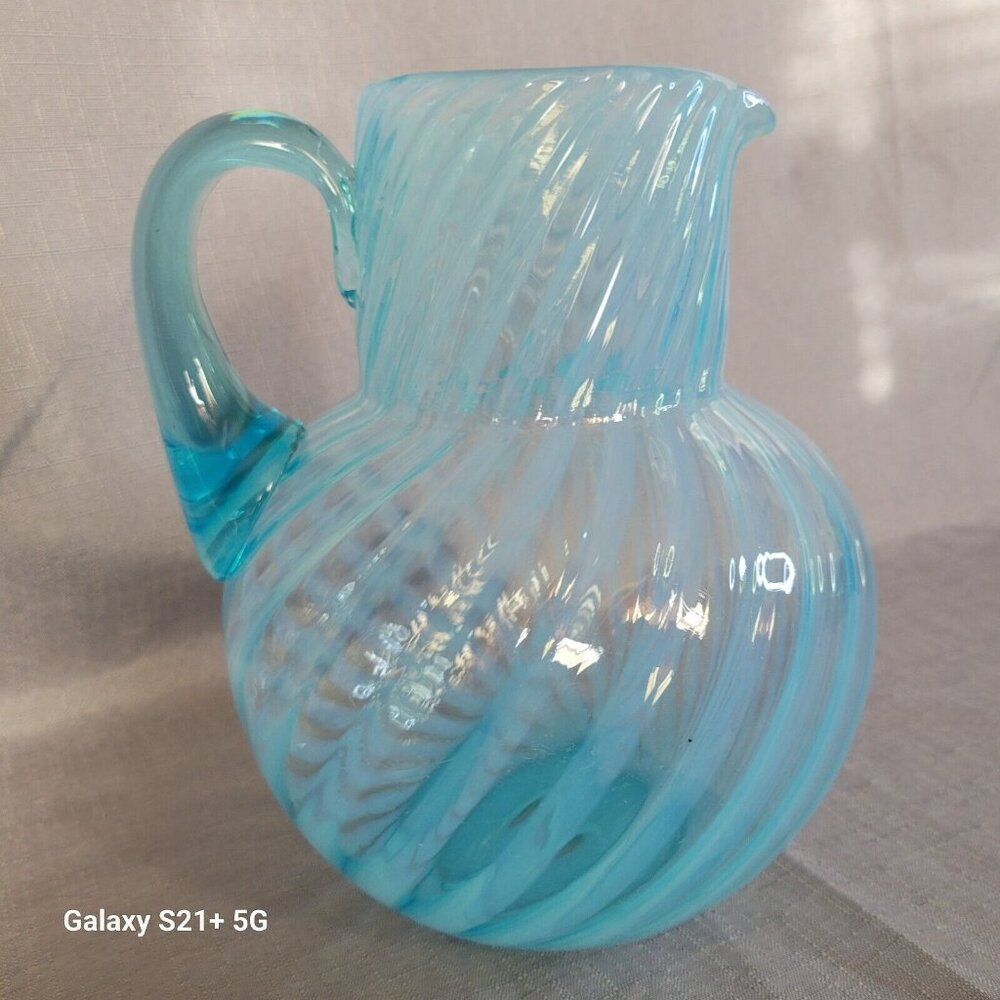 Vintage Blown Glass Pitcher Blue Spiral Swirl
